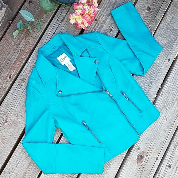 Candie's Jackets & Blazers - *CANDIES Moto Turquoise Vegan Cropped Jacket EUC M